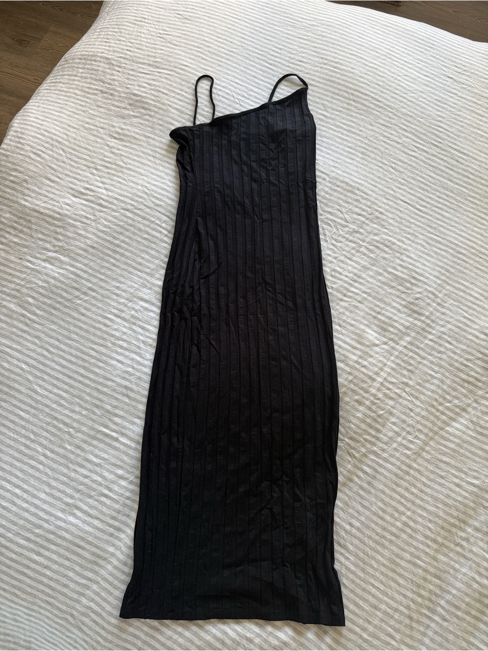 Reformation Black One-Shoulder Ribbed Slip Midi Dress
